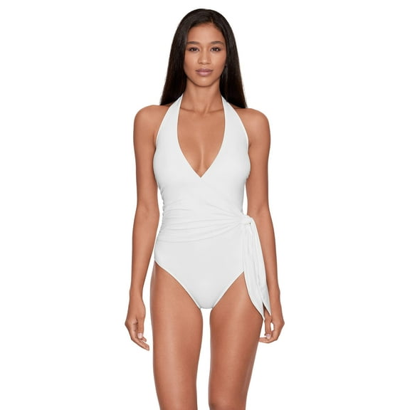 MSRP $144 Ralph Lauren Women Solids Halter Wrap One-Piece White Size 4