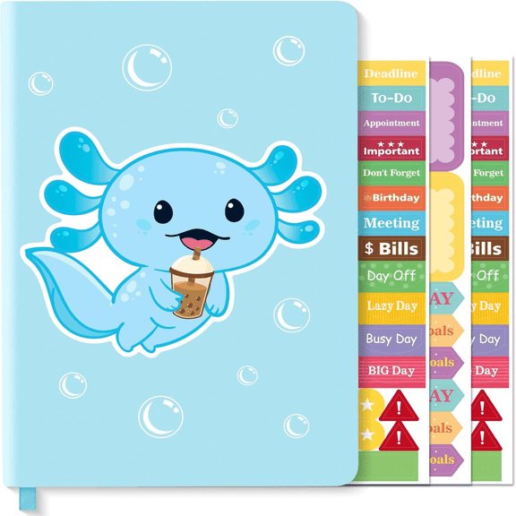 PU Leather Hardcover A5 Ruled Journal Notebook with Planner Stickers, Blue Salamander Embossed Design for Writing, Travel, Business, Work, School