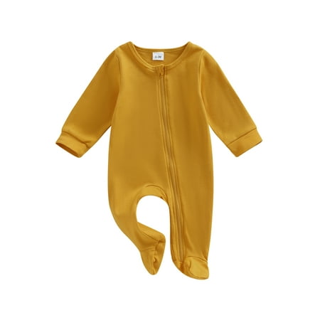 

Infant Baby Footies Jumpsuit Solid Color Long Sleeve Zipper Up Footed Romper Spring Fall Clothes