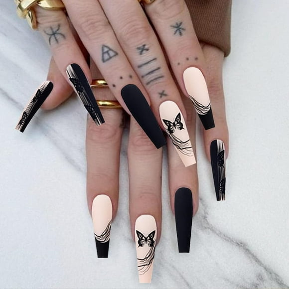 Press on Nails Long Black Butterfly False Fake Nails Acrylic Nails Press On Matte Coffin Artificial Nails for Women Stick on Nails With Glue on Static nails