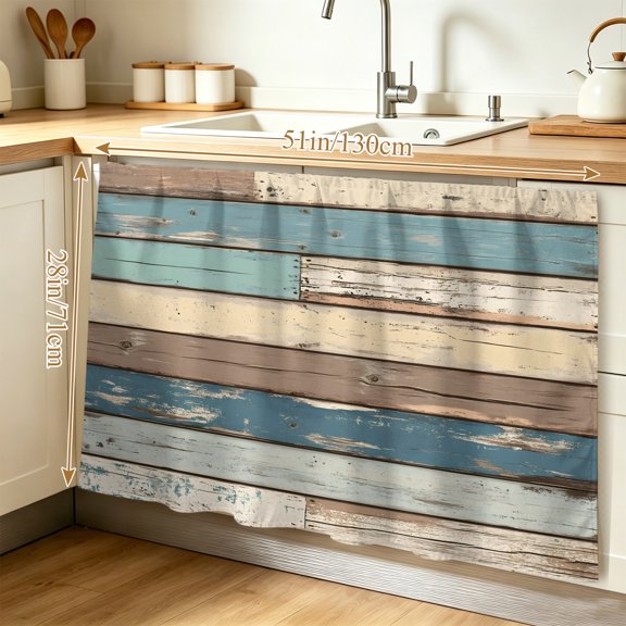 Blue Brown Beige Farmhouse Cabinet Curtain 28"W x 51"L, Vintage Wood Dust-Proof Privacy Curtain for Closet Shelves Self Adhesive, Sink Skirt for Bathroom Vanity Kitchen Laundry Room