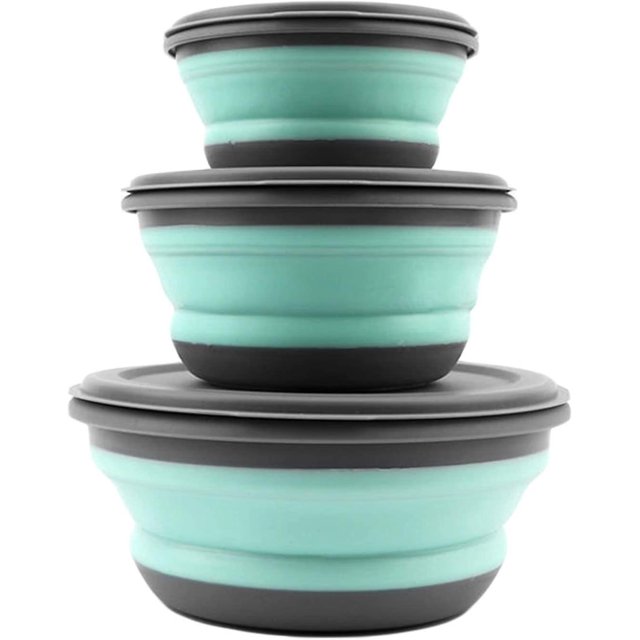 Cuenco Plegable Con Tapa, Cuenco Plegable Portátil De Silicona Camping 3 Piezas. Afortunado Sencillez
