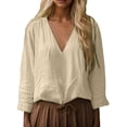 thumbnail image 2 of Conairie Womens V Neck Long Sleeve Shirt Solid Color Loose Button Classic Elegant Casual Tunic Tops Comfy Soft Fall Basic Work Tee Vacation Clothes Khaki L, 2 of 5