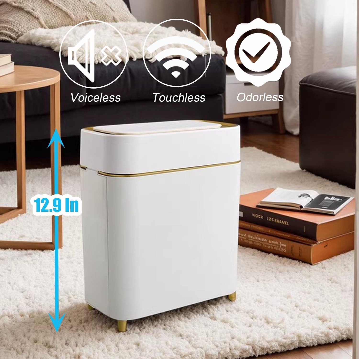 Motion Sensor Trash Can Bathroom Automatic Touchless Lid - Sensor Garbage Can - Bathroom, Bedroom, Kitchen, Laundry Room, Small Spaces - Compact Smart Trash Bin - White with Gold Edge, 1Pack