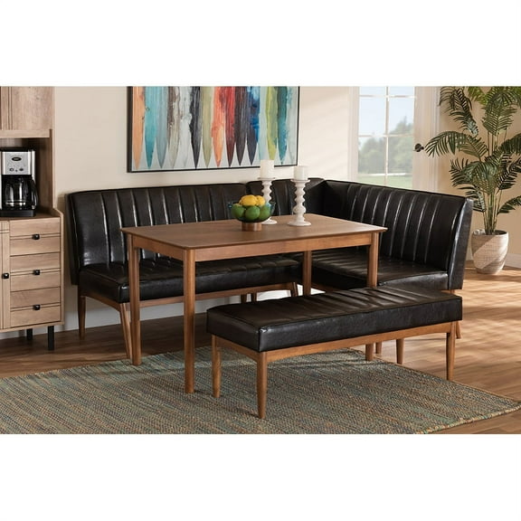 Baxton Studio Daymond Mid-Century Modern Dark Brown Faux Leather Upholstered and Walnut Brown Finished Wood 4-Piece Dining Nook Set