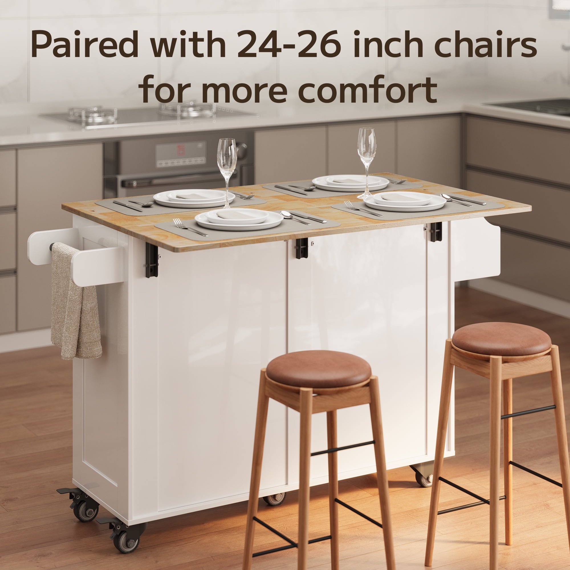 Lofka Kitchen Island, Rolling Kitchen Carts with Wheels & 52" Folding Drop Leaf, Mobile Storage Cabinet with 2 Drawers for Dining room, White