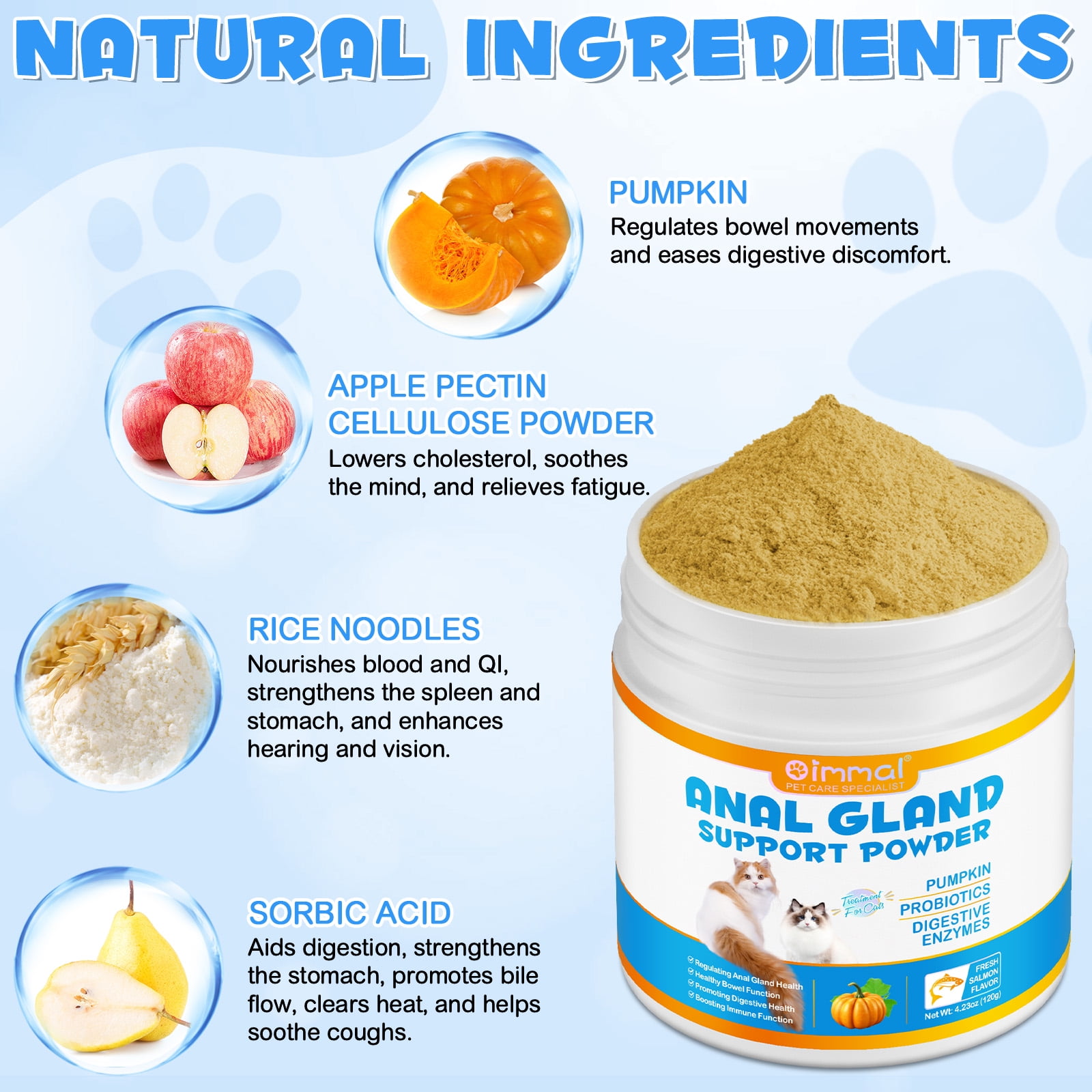 Oimmal Cat Anal Glands Powder with Pumpkin, Probiotics & Digestive Enzymes, for Healthy Anal Gland & Bowel Function - Boot The Scoot (Salmon Flavor, 120gX2pack)