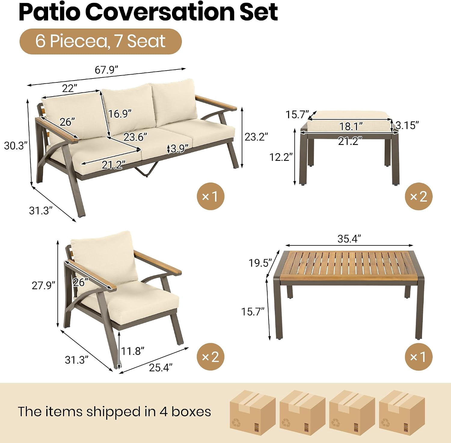 6-Piece Outdoor Patio Seating Set with Ottomans, Steel Frame Sofa & Acacia Wood Coffee Table, Beige Cushion