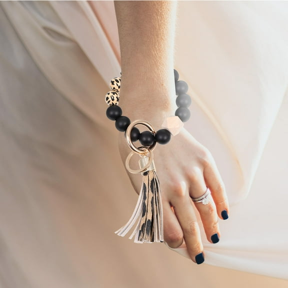 WASHWEPE Beaded Bracelet Key Chain Silicone Wood Stainless Steel 1Pack 7.9x1.2in