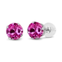 14k White Solid Gold Created Pink Sapphire Round Stud Earrings 3mm Plated by Paris Jewelry
