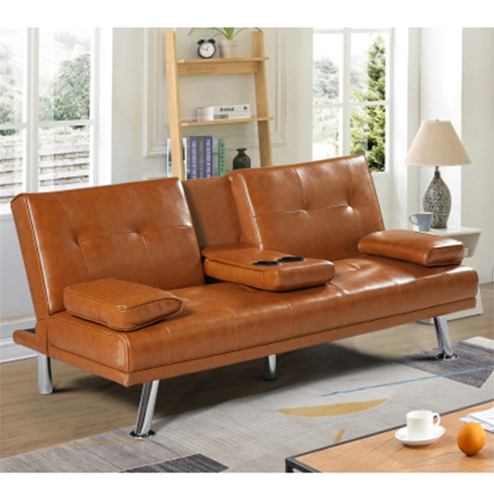 Kepooman 66" Futon Couch Bed, Sofa Bed with Cupholders and Pillows, Convertible Futon Folding Sofa for Office, Tan Kepooman 66" Futon Couch Bed, Sofa Bed with Cupholders and Pillows, Convertible Futon Folding Sofa for Office, Tan