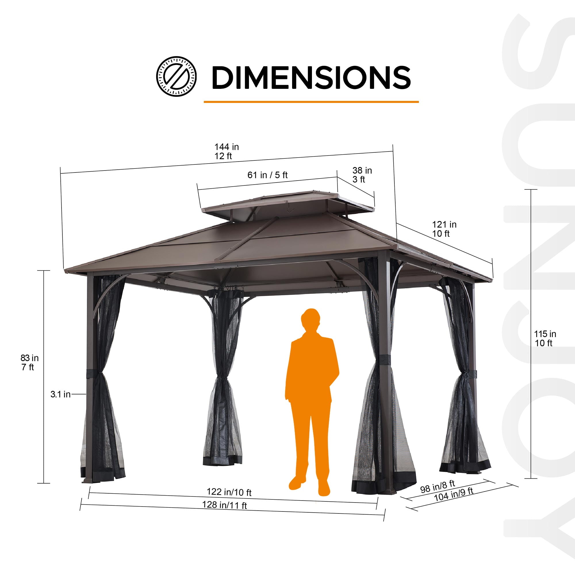 Sunjoy Outdoor Hardtop Gazebo 10 x 12 ft. Steel Frame Gazebo, 2 Tiered Metal Gazebo with Ceiling Hook and Mesh Netting, Brown