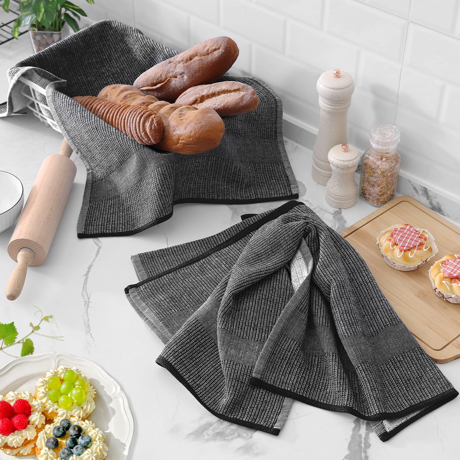 decorUhome Premium Kitchen Towels(18"x 28", 6 Pack), Large Cotton Kitchen Hand Towels, Black