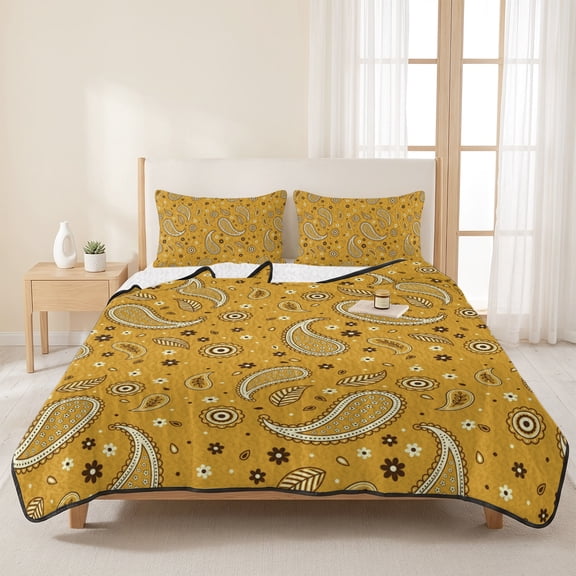 3 Pieces Queen Quilt Set,Retro Paisley Pattern on Yellow Soft Bedding Sets with 1 Quilt & 2 Pillow Shams,White Seamless Floral Art Summer Bedspread Lightweight Coverlet Comforter for All Season