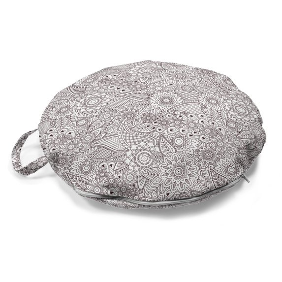 Brown Paisley Round Floor Cushion with Handle, Intertwined Detailed Sketch Motifs of Flowers and Antique Ornaments, Pillow for Living Room & Dorms, 18" Round, Dark Mauve and White, by Ambesonne