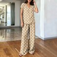 thumbnail image 4 of Women's Polka Dot Print V Neck Short Sleeve Top Dual Pocket Wide Leg Pants 2 Piece Outfit, Loose Summer Casual Matching Set Khaki M(M), 4 of 6
