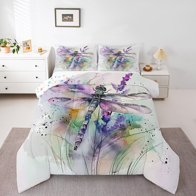 Erosebridal Ensembles de Literie Chic Libellule Complet avec Couette pour Filles, Insert de Couette Floral Aquarelle pour Maman, Réversible 3 Pcs, Ultra Doux