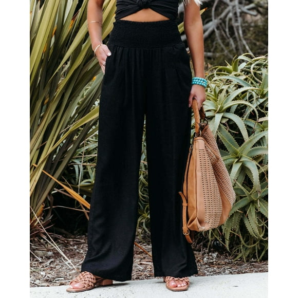 Women's Wide-leg Linen Pants Drawstring High-waisted Court Pants Flowy Beach Slacks With Pockets-Jinjin