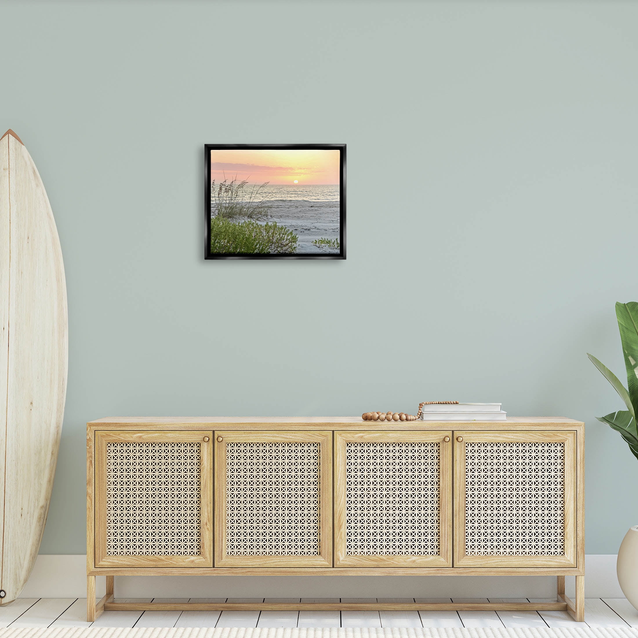 Stupell Industries Ocean Shore Reeds Sunset Horizon Photograph Jet Black Floating Framed Canvas Print Wall Art, Design by Mary Lou Photography