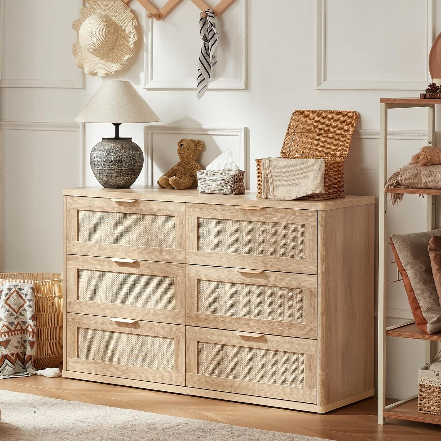 LEYAOYAO 3-Piece Rattan Dresser & Nightstand Set - Natural Oak 6-Drawer Dresser (48") & 2 Nightstands, Boho Bedroom Furniture Set with Storage