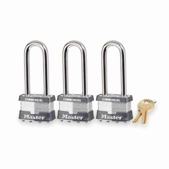 Padlocks, Keyed Alike, Long Shackle, Rectangular Steel Body, Steel Shackle, 3/4 in W, 3 PK