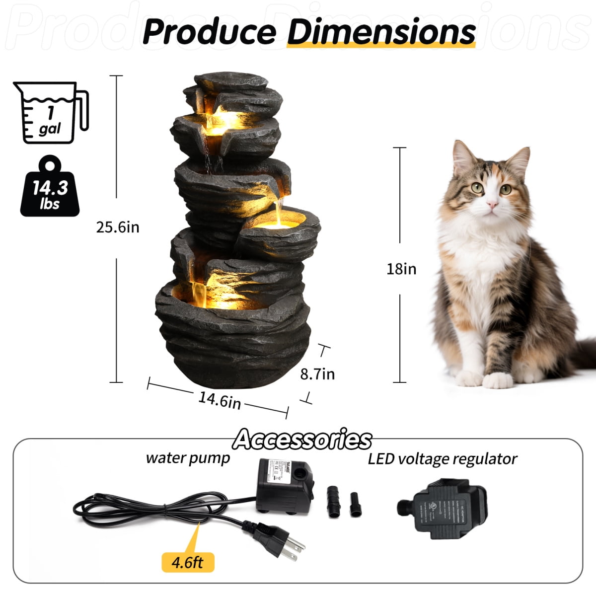 25.6" 4-Tier Stacked Rock Water Fountain with Warm LED Lights, Cascading Waterfall Fountain, Weather-Resistant Outdoor Decor for Patio, Garden & Backyard