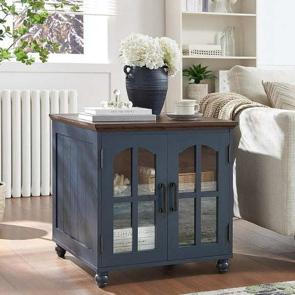 CZMDZH 24" Farmhouse End Table with Charging Station, Glass Barn Door & Adjustable Shelf, Rustic Wood Side/Night Stand for Living Room Bedroom Office