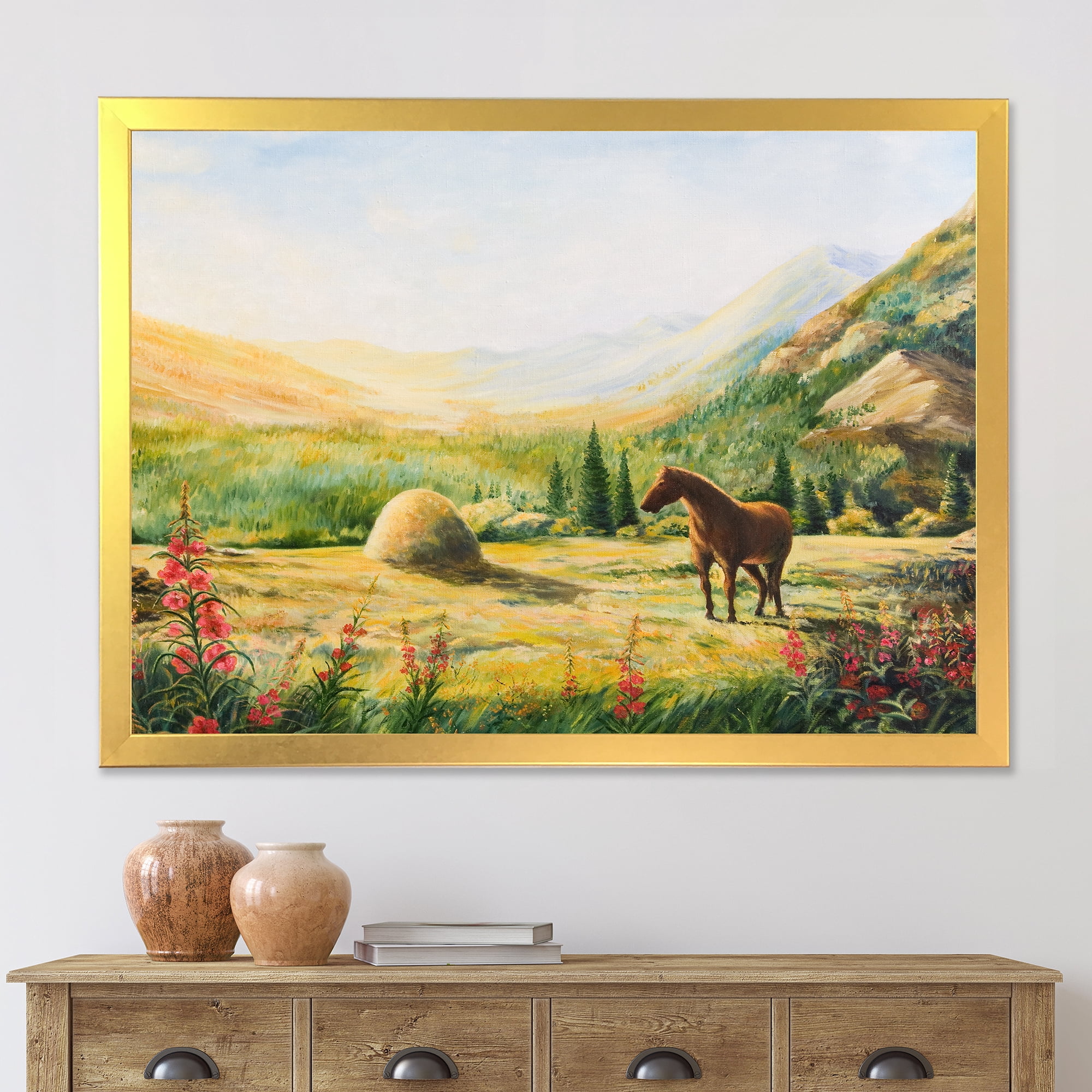 Designart 'Sunrise In The Mountains With Horse' Farmhouse Framed Art Print