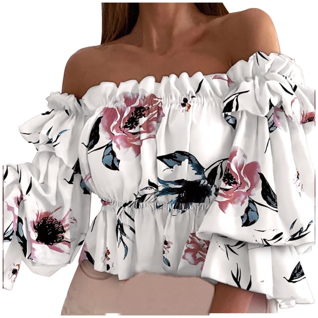Pompotops Ladies Summer Fashion Sexy One-Shoulder Three-Quarter Sleeve Print Chiffon Top