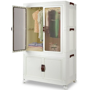 Portable Closet Wardrobe, Folding Storage Bins with Lid, Closet Organizers and Storage, Stackable Storage Box with Hanging Rod and Doors, Collapsible Plastic Clothes Cabinet with Wheels, 10 Hangers