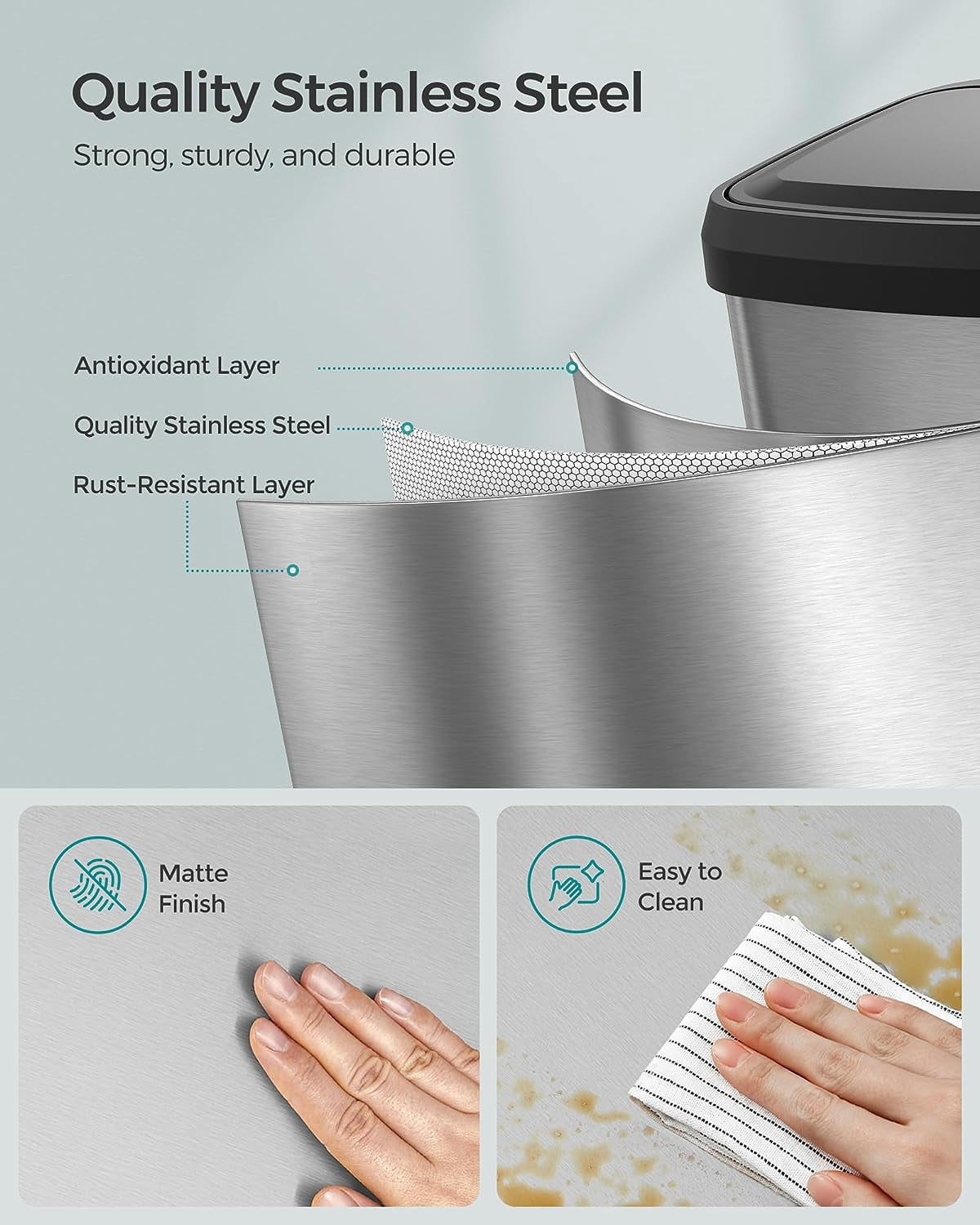 13 Gallon Kitchen Trash Can Stainless Steel Garbage Can Recycle Bin with Stay-Open Lid and Step-on Pedal Silver and Black