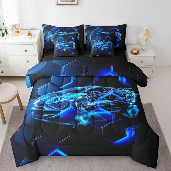 Erosebridal Blue Car Bedding Sets Twin Size,Extreme Sport Comforter Sets with Sheets,Geometric Hexagon Bed in a Bag Twin size,Breathable Automobile Room Decor,Reversible,7pcs