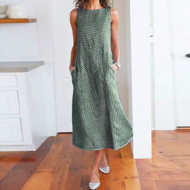JUNWELL Robe Décontractée Sans Manches à Rayures pour Femmes Col Rond en Lin avec Poches Robe Longue Petite Printemps Maxi Robes pour Femmes Manches Courtes Robe Midi Robe de Sport pour Femmes Robes Décontractées d'Automne