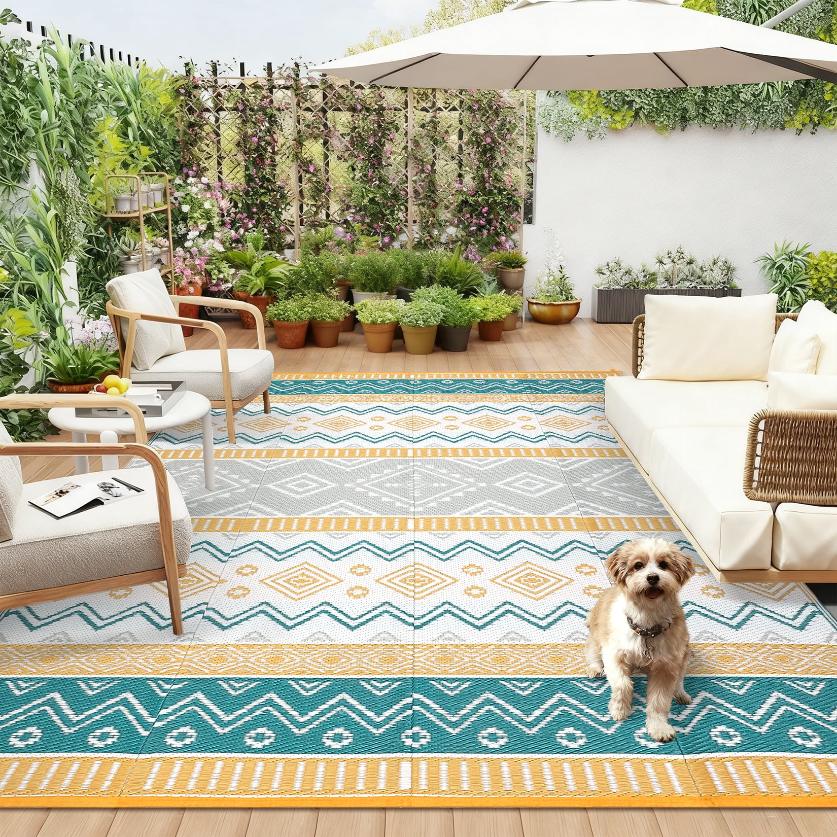 Garvee Outdoor Area Rug 9'x18' Waterproof Outdoor Carpet, Boho Plastic Straw Rug RV Mat for Picnic, Deck, Balcony, Beach, Patio, Multicolor