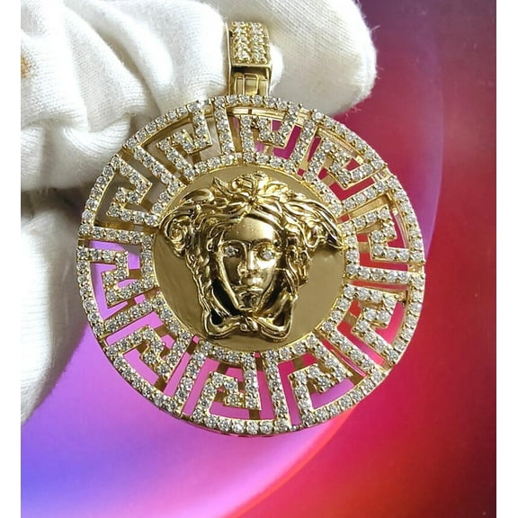 Aishvi Jewels Medusa Head Diamond Pendant Round Cut Lab-Created Diamond Medusa Head Pendant 14K Yellow Gold 925 Silver Plated Medusa Hip Hop Pendant