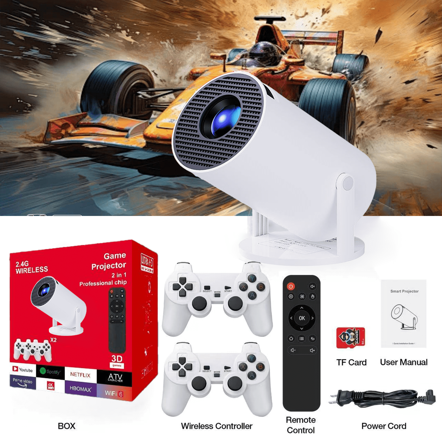 Gold Mini Projector with Retro Gaming Console, 2 Retro Game Sticks, Portable Projector with 30,000 Built-In Retro Games