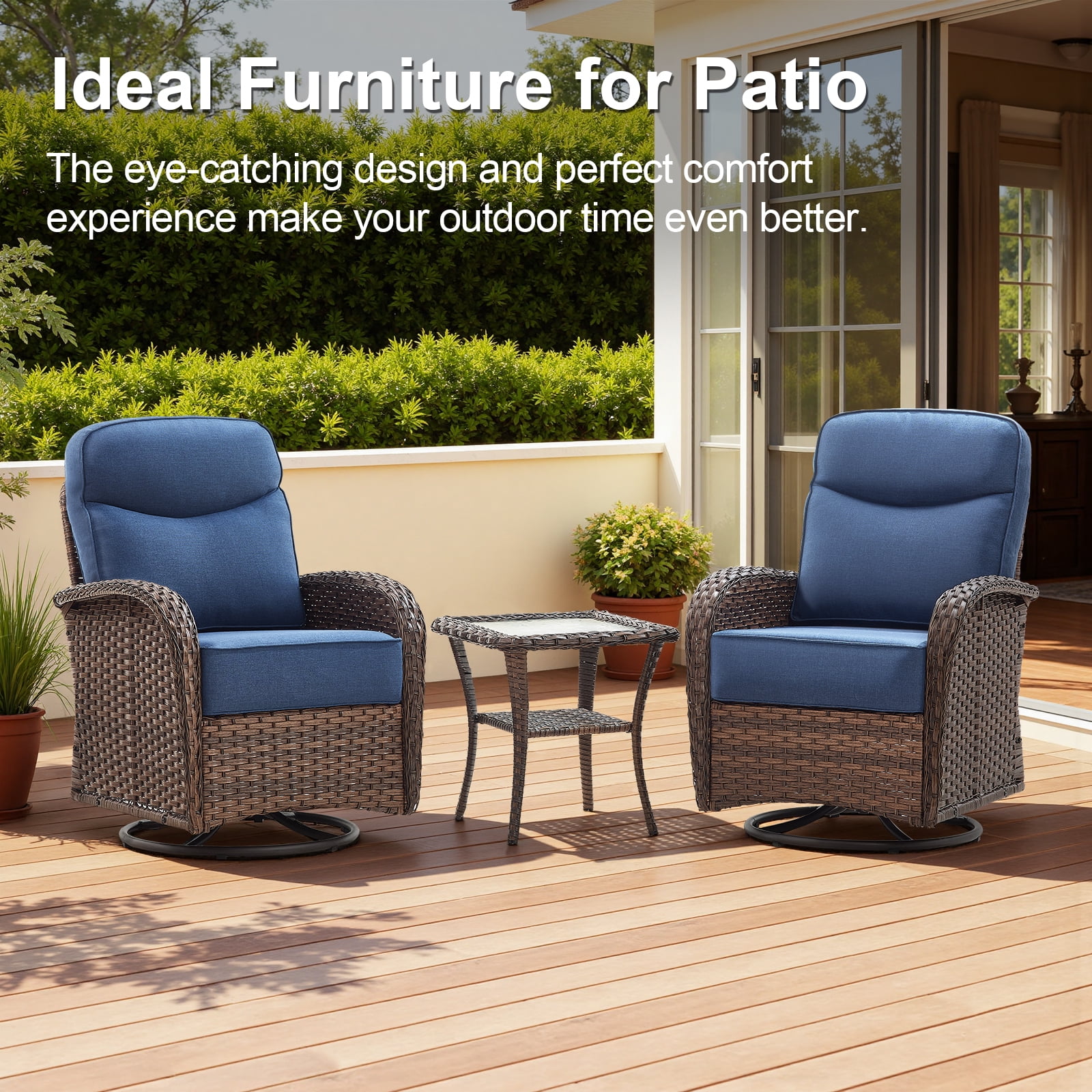 POCASSY Patio Swivel Chairs with 6-Inch Extra Thick Cushion, 3-Piece Patio Furniture Set, High Back Swivel Chairs Set of 2 with Side Table, All-Weather Brown Wicker Blue Cushion, for Porch Balcony