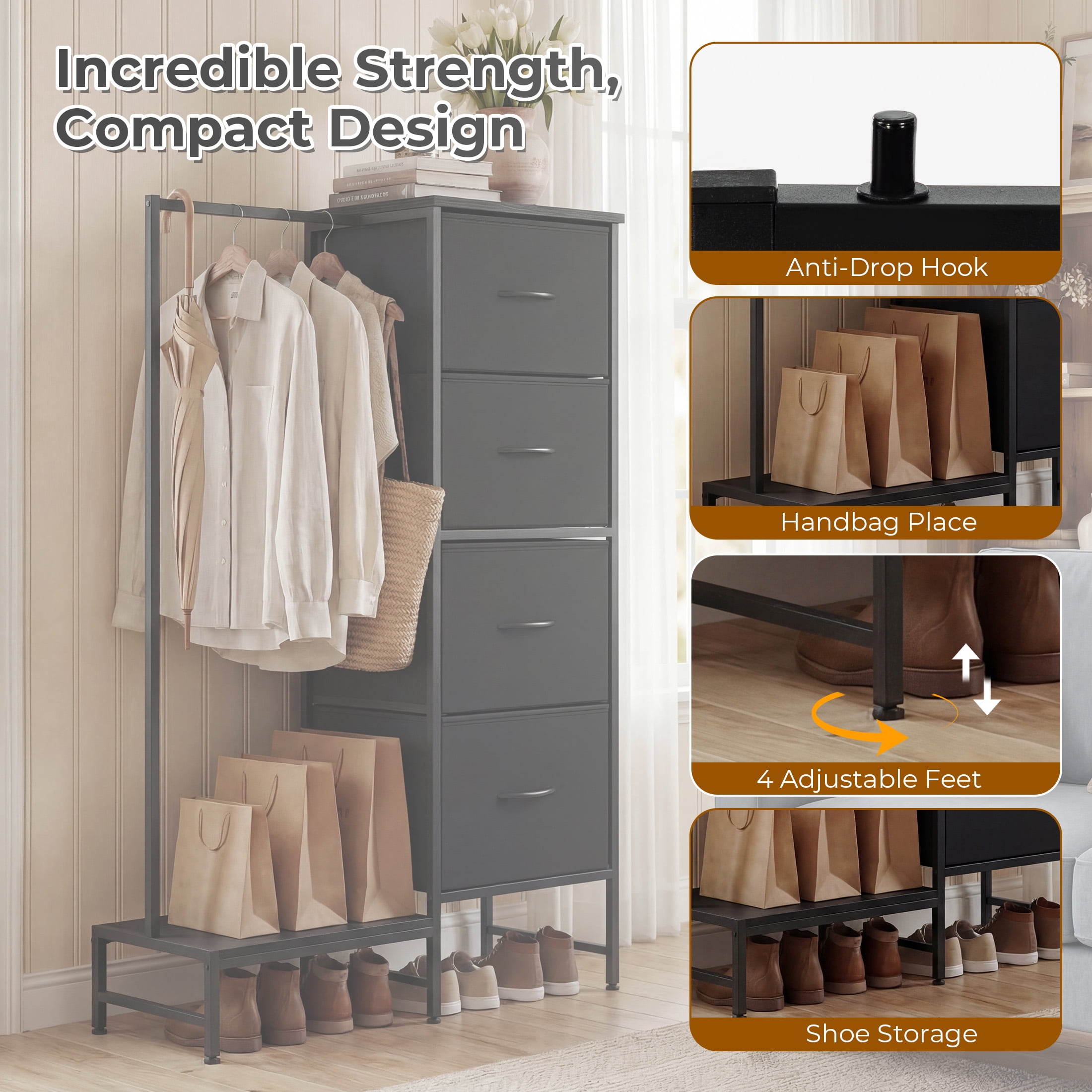 EDX 44"H Dresser with Hanging Rack, 4 Drawers Small Closet for Bedroom, Can be assembled by flipping left and righte Clothes Rack, Sturdy Frame, Black