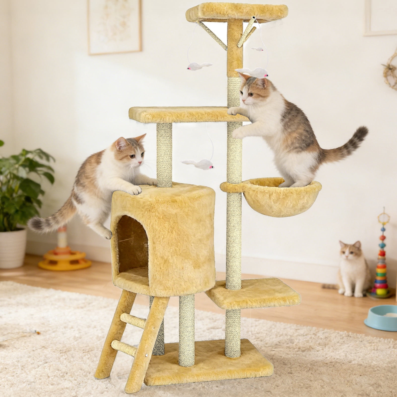 Cat Tree, 53in Cat Tower with Sisal Scratching Posts, Climbing Ladder, Hanging Toys, Pet House Furniture for Indoor Kittens, Beige