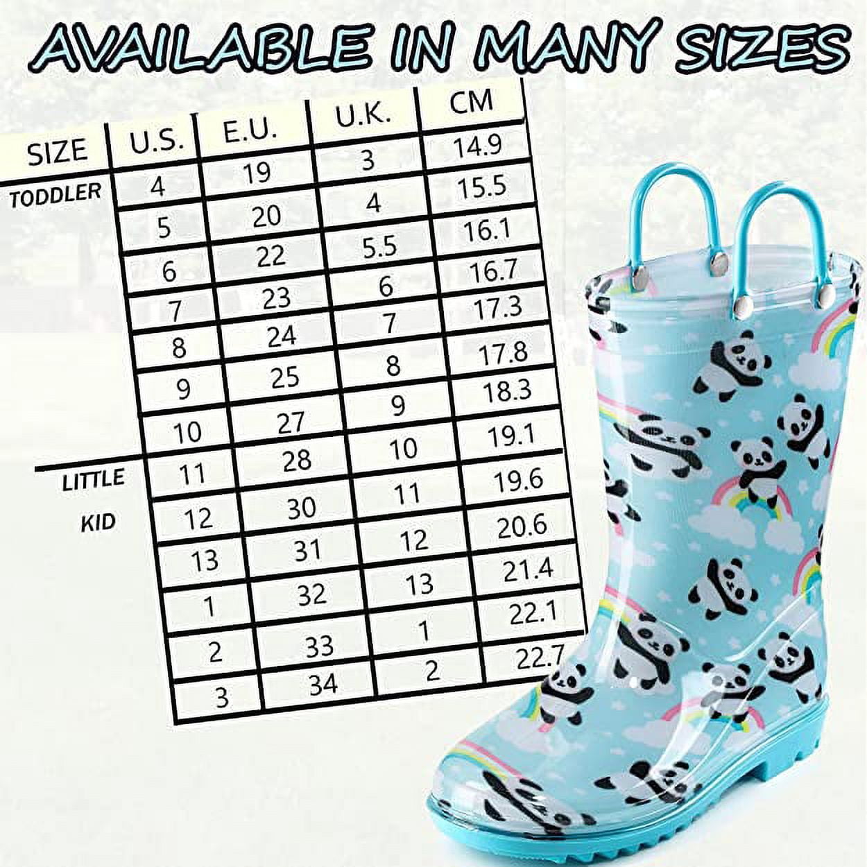 Puddle Play Waterproof Aqua Panda PVC Rain Boots Easy-On Handles - Size 4 Toddler - Blue