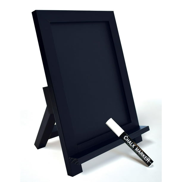 Pizarra de mesa enmarcada con marco de madera rústica de 9,5 x 14 pulgadas, pizarra magnética pequeña con soporte plegable con repisa incorporada y un marcador de tiza blanca de Better Office Products