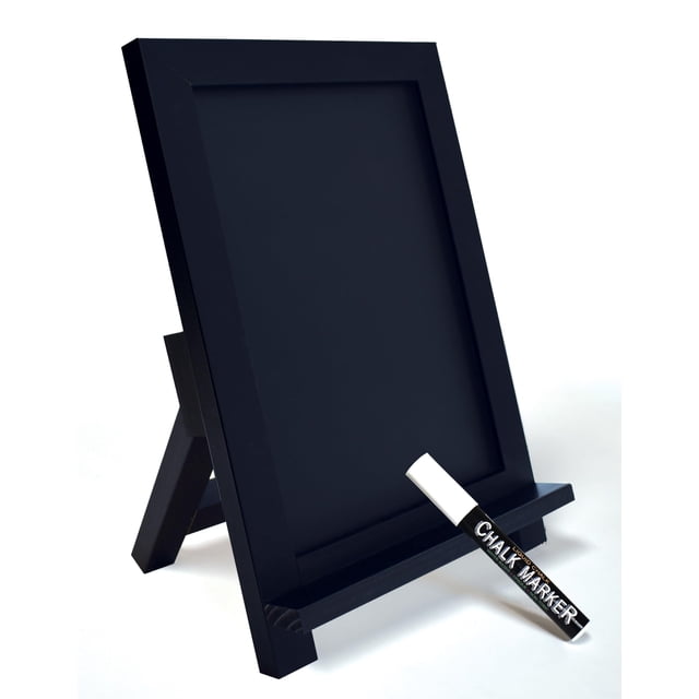 Pizarra de mesa enmarcada con marco de madera rústica de 9,5 x 14 pulgadas, pizarra magnética pequeña con soporte plegable con repisa incorporada y un marcador de tiza blanca de Better Office Products