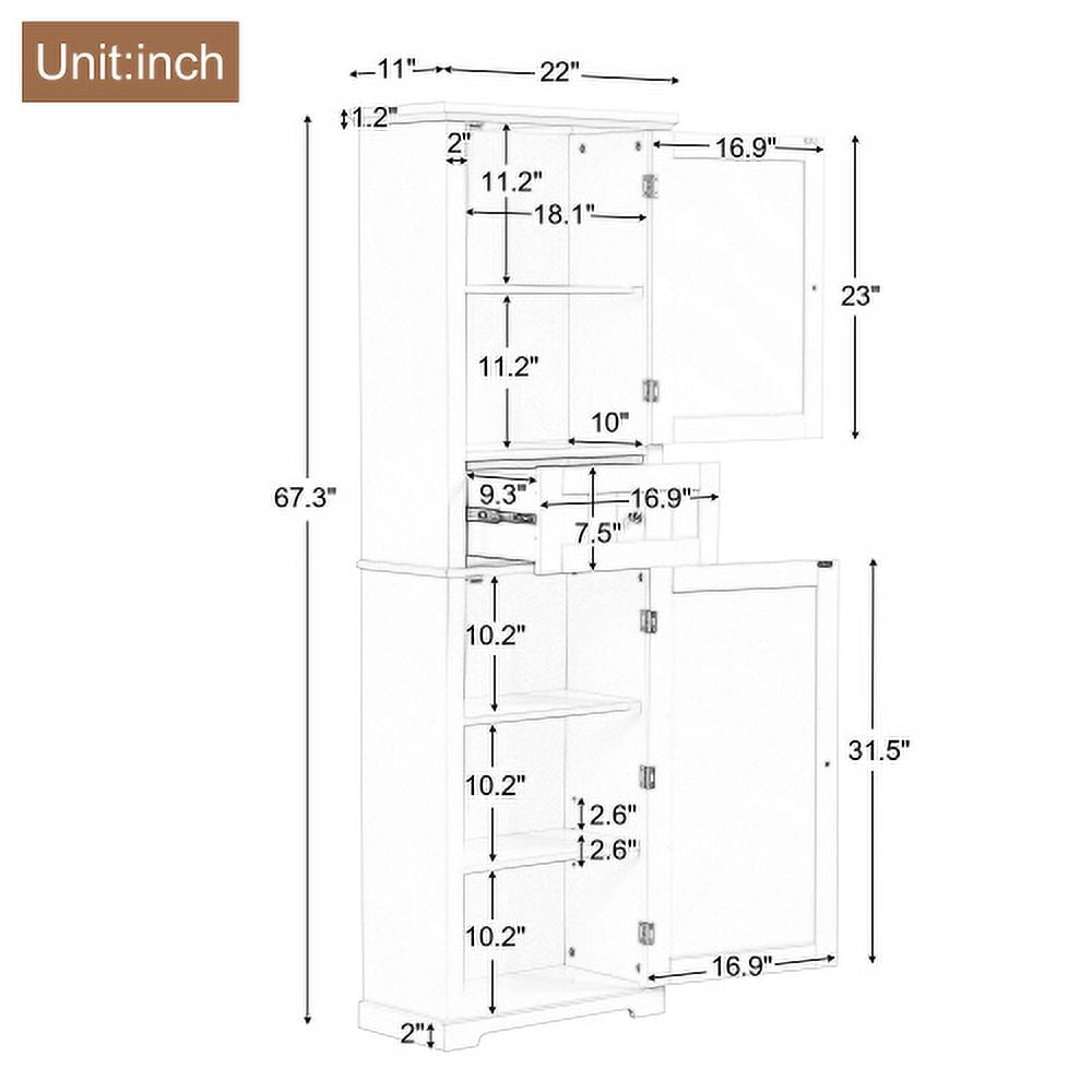 Tall Bathroom Storage Cabinet, 67.3 inch Freestanding Organizers Cabinet with Drawer and Adjustable Shelf for Bathroom, Living Room, Kitchen, Pantry, Black