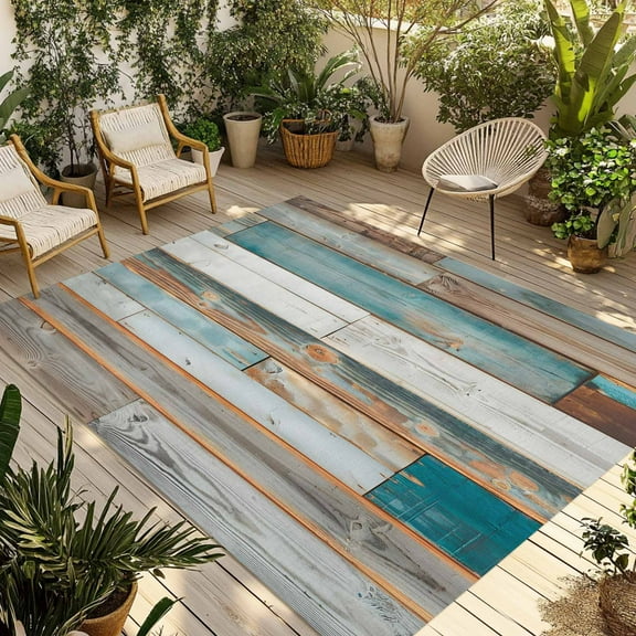 Fsddascl Turquoise Brown Outdoor Rug for Patio/Deck/Porch, Non-Slip Large Area Rug 4 x 6 Ft, Vintage Country Ombre Wooden Grain Indoor Outdoor Rugs Washable Area Rugs, Reversible Camping Rug Carpet