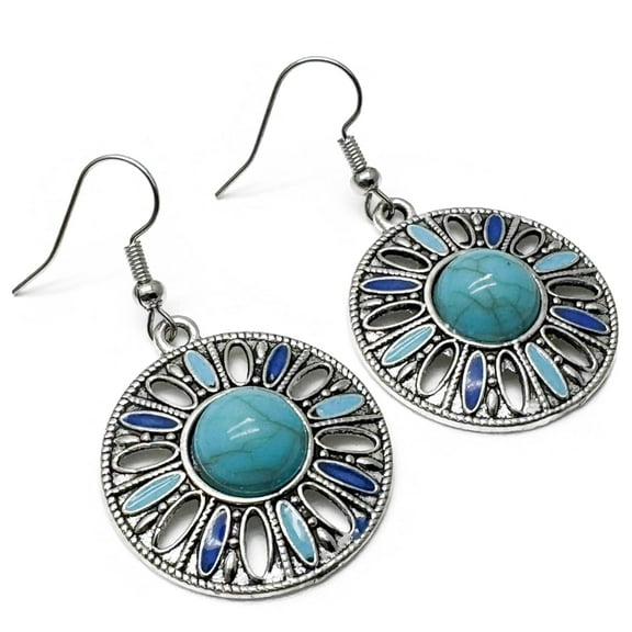 Large Round Turquoise Earrings, Tibetan Silver Charms With Blue Resin Stone On Nickel Free Hooks : 45mm Long, Boho Drop Earrings, Gift For Women