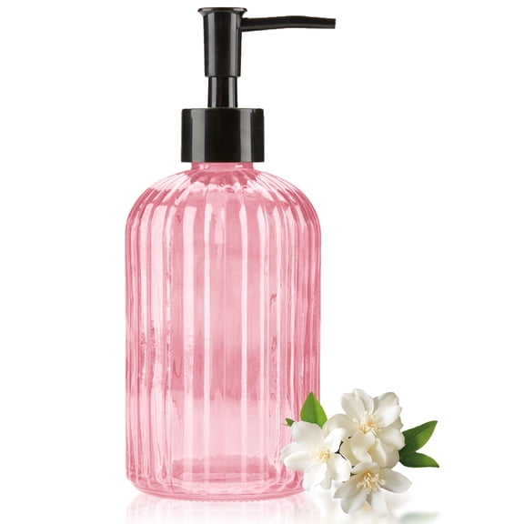 1pc 13.5 oz Glass Soap Dispenser, Manual Press Hand Soap Dispenser Bottle, Skin & Body Wash Storage Bottle, Reusable, Pink