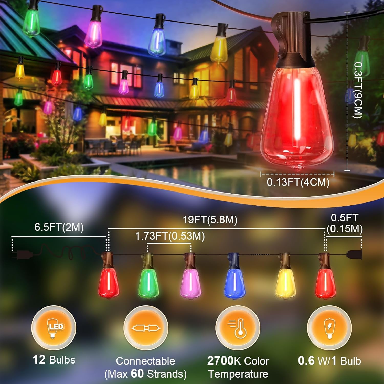 26Ft ST38 Outdoor String Lights, Multicolor Patio Lights with 12+1 ST38 Edison Colorful Bulbs, LED Shatterproof Colorful String Lights for Outside Bistro Christmas Patio Party Decorations