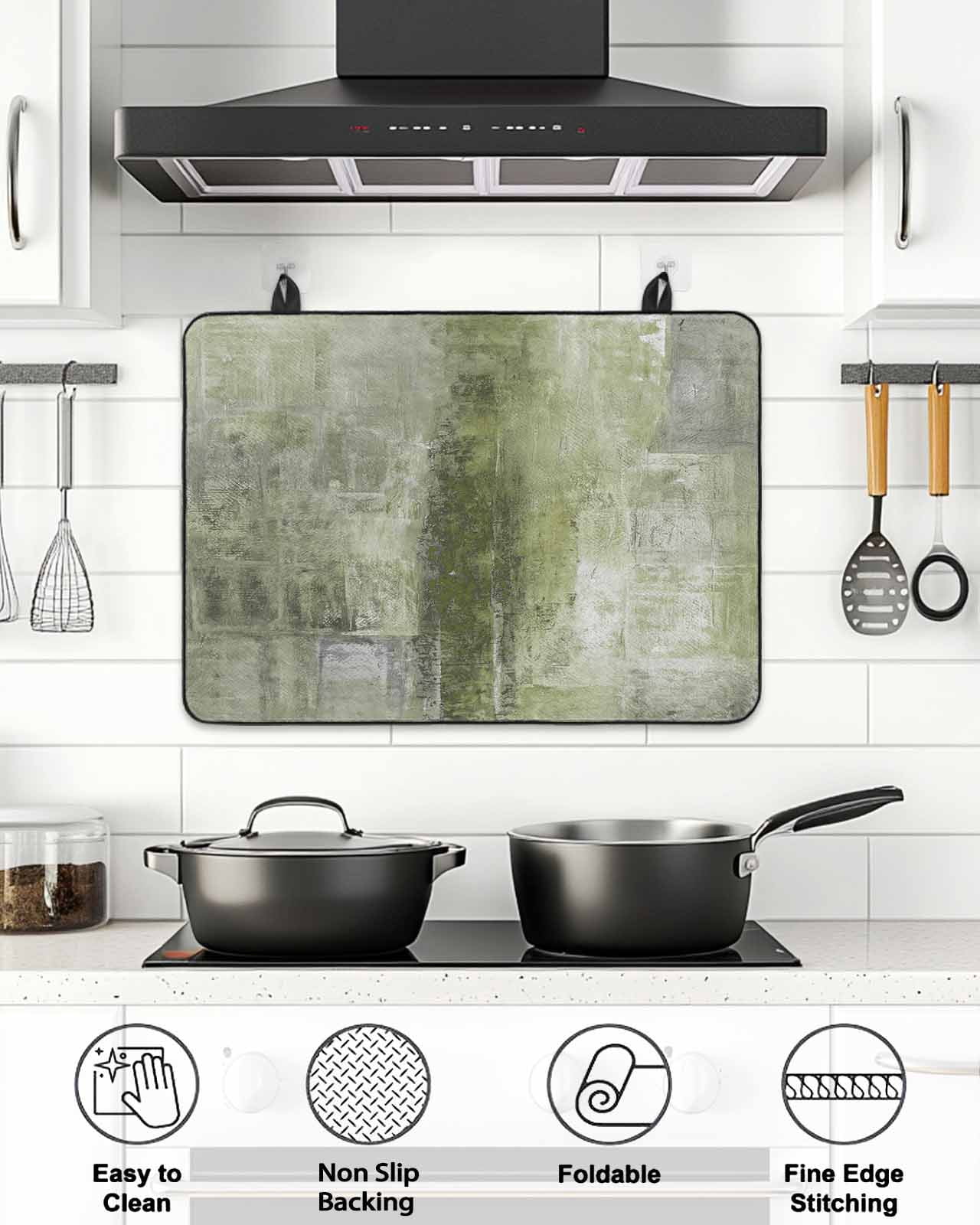 Stove Top Covers for Electric Stove, Sage Green Glass Stovetop Cover Protector, Retro Oil Painting Modern Abstract Art Aesthetics Induction Cooktop Protector Oven Mat for Kitchen Countertop 36"x21"
