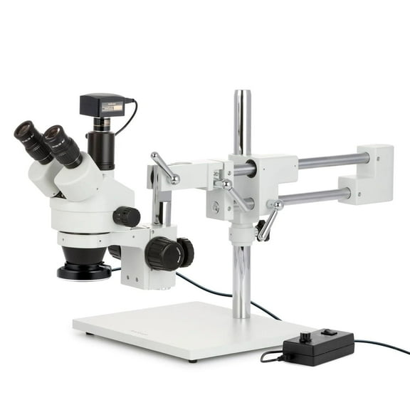 AmScope 3.5X-90X Simul-Focal Stereo Zoom Microscope on Boom Stand with 144-LED Ring Light and 18MP USB3 Camera, White (SM-4TPZ-144-18M3)