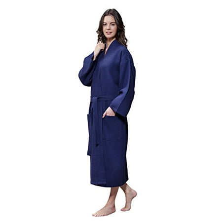 

Turquaz Linen Lightweight Long Waffle Kimono Unisex Spa Robe (XXL Navy Blue)